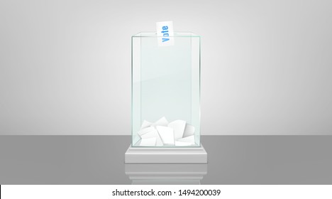 Glass ballot box filled with documents and voting envelope in slot, standing on glossy floor 3d realistic vector illustration. Fair and transparent social polling, democratic elections process concept