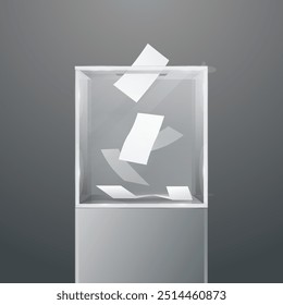 Glass ballot box on podium. Vector illustration. Voting white paper in hole. Transparent voting container with a falling ballot paper.