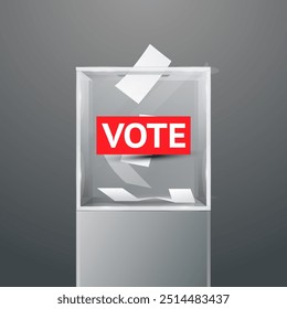 Glass ballot box on podium with text Vote on red. Vector illustration. Voting white paper in hole. Transparent voting container with a falling ballot paper.