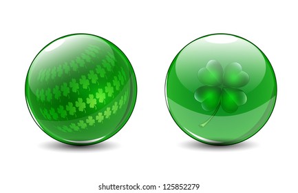 Glass balls with clovers inside. St. Patrick's day symbols. Vector illustration.