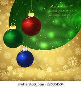 Glass balls, golden snowflakes and frosty patterns on a green background. Christmas background, vector illustration.