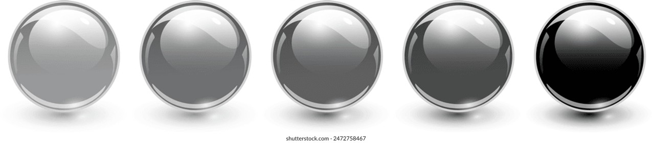 Bolas de cristal gris y negro, esferas brillantes 3D colección, Ilustración vectorial.