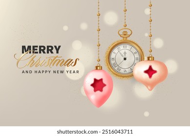 Glass Balls and a Vintage Pocket Watch hanging on the Thread. Christmas Holiday Composition. Vector illustration in 3D realistic style
