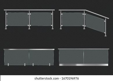 Glass balustrade with iron banister front and angle view. Vector realistic mockup of different sections of clear acrylic fence with metal railing isolated on transparent background