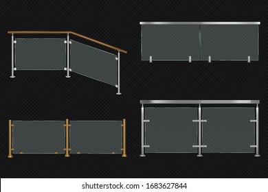 Glass balustrade with iron banister front and angle view. Vector realistic mockup of different sections of clear acrylic fence with metal or wooden railing isolated on transparent background svg
