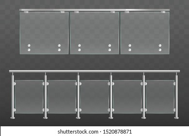 Glass balustrade with metal handrails set. Banister or fencing sections with steel pillars. Panels balusters for architecture design isolated on transparent background Realistic 3d vector illustration svg