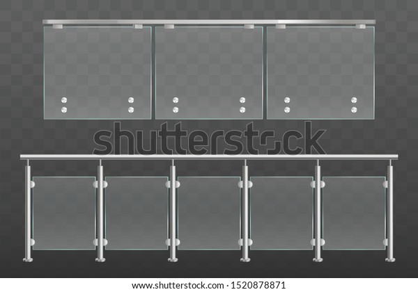 Glass balustrade with metal handrails set.
Banister or fencing sections with steel pillars. Panels balusters
for architecture design isolated on transparent background
Realistic 3d vector
illustration
