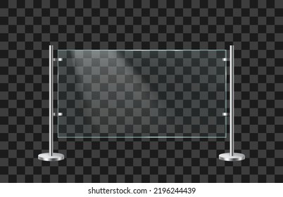 Glass balustrade with metal racks. Fencing sections with steel pillars. Realistic vector illustration isolated on transparent background.