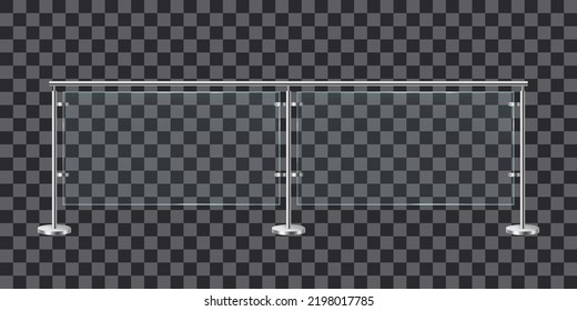 Glass balustrade with metal racks. Fencing sections with steel pillars. Realistic vector illustration isolated on transparent background.