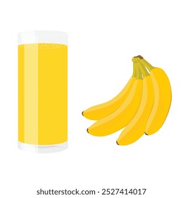 Glass of banana juice and bunch of yellow bananas isolated on white background. Tropical fruit vector illustration. Healthy lifestyle