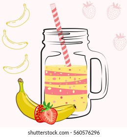 Glass with banana strawberry smoothie. Natural bio drink, healthy organic food. Vector illustration  isolated on white background. 
