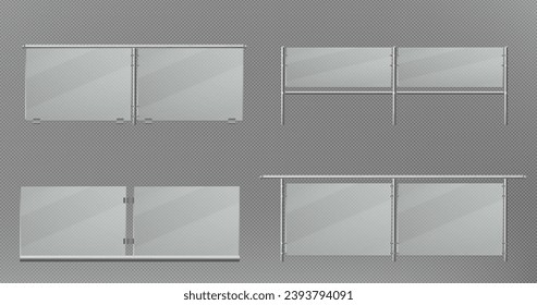 Glasbank für Balkon oder Terrassenzaun. Realistische Vektorgrafik mit horizontalem Geländer mit Plexiglas-Paneel und Metallrohrbalken für Treppengeländer. Transparente Acrylschranke.