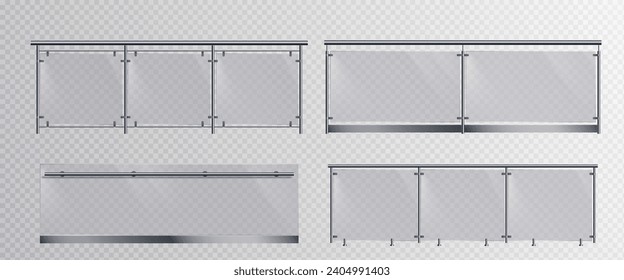 Bandera de cristal para balcón o valla de terraza. Conjunto de vectores realistas de barandilla horizontal con panel de plexiglás y fiadores de vigas tubulares metálicos para barandilla de escaleras. Barrera acrílica transparente.