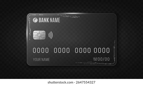 Glass bank card with electronic circuit details on a black transparent background. Credit card with chip and contactless icon for online payments and secure transactions. Vector illustration.