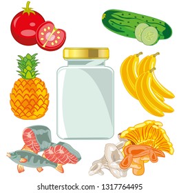 Glass bank and fruits with vegetable for stocking up