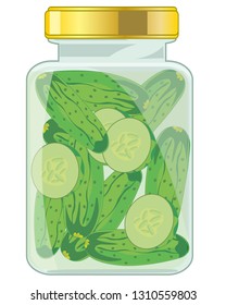 Glass bank with salty cucumber on white background