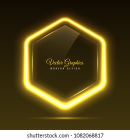 Glass banner of a hexagonal shape. Transparent billboard with neon lights. Vector illustration.