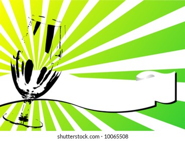 Glass and banner over green striped background