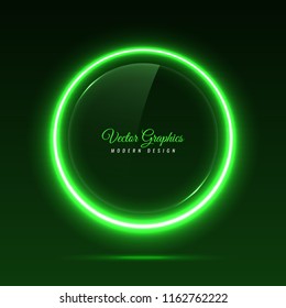 Glass banner of a round shape. Transparent billboard with neon lights. Vector illustration.