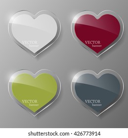 Glass banner set in the form of heart. Vector illustration.
