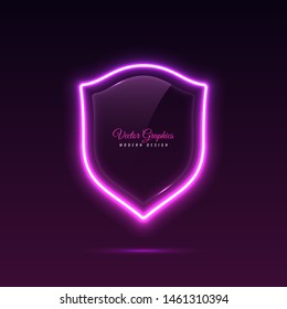 Glass banner shape shield. Transparent billboard with neon lights. Vector illustration.