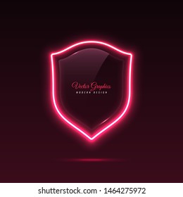 Glass banner shape shield. Transparent billboard with neon lights. Vector illustration.