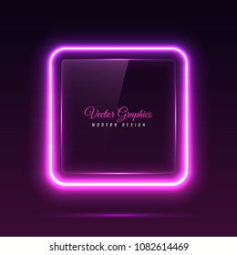 A glass banner of a square shape. Transparent billboard with neon lights. Vector illustration.