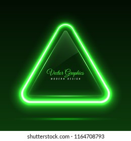 The glass banner is triangular in shape. Transparent billboard with neon lights. Vector illustration.