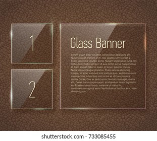 Glass banners on a leather background with translucent Victorian pattern.