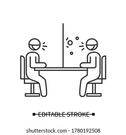 Glass barrier icon. People sitting and talking trough safety screen linear pictogram. Concept of covid preventive measures for banks and client communication. Editable stroke vector illustration