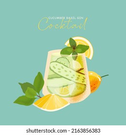 Glass of basil cucumber cocktail vector on green background. Summer alcohol drink flat style illustration