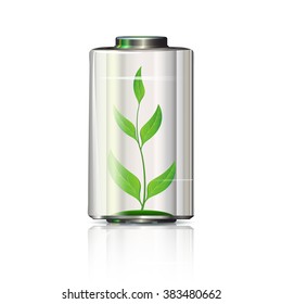 glass battery with a green germ inside with reflection on a white background 