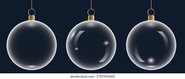 Conjunto de chucherías de vidrio. Bolas de Navidad transparentes 3D colgando para Navidades y celebraciones del Año Nuevo. Ilustraciones vectoriales.eps10