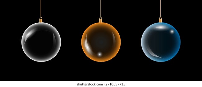 Glass bauble set. 3D transparent Christmas balls hanging for Christmas and New Year celebrations. black,blue,orange,vector illustrations