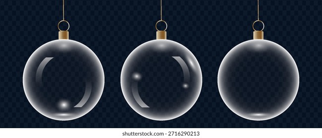 Conjunto de chucherías de vidrio. Bolas de Navidad transparentes 3D colgando para Navidades y celebraciones del Año Nuevo. Ilustraciones vectoriales.eps10