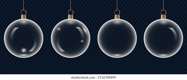 Glass bauble set. 3D transparent Christmas balls hanging for Christmas and New Year celebrations. vector illustrations.eps10