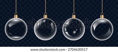 Glass bauble set. 3D transparent Christmas balls hanging for Christmas and New Year celebrations. vector illustrations
