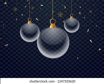 Glass Baubles Hang On Black Png Background Decorated With Snowflakes And Confetti.