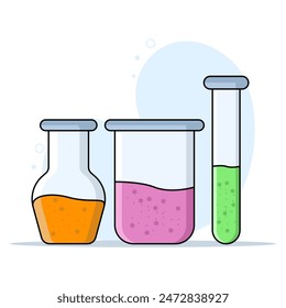 Glass Beaker Concept Set with Chemical Liquid. Medical laboratory object icon concept. Equipment for chemical tests collection vector design with shadow on background. flat vector illustration.