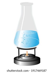 Glass Beaker Over A Burner. Laboratory Equipment Science Illustration Of A Fluid Bubbling Over A Flame.