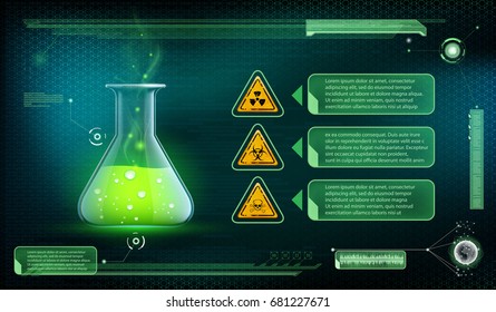 Glass beaker with a poisonous liquid. Container with green chemical. Futuristic interface of scientific analysis. Stock vector illustration.