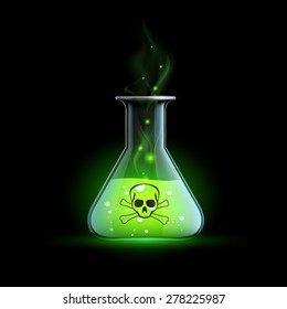 Glass beaker with a poisonous liquid. Vector Image.