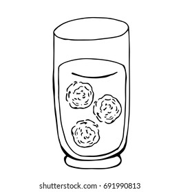 Glass beaker with a soft drink. Hand drawn glass with ice balls. Vector illustration.