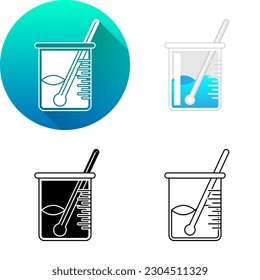 Glass Beaker, Stirring Rod Laboratory Equipment, Set of Flat Long Shadow, Color, Black-White Silhouette, Line Art Icon Symbol Logo Isolated on White Background