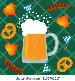 Glass beer and accessories for festival and party on green background. Template for banner, flyer, poster, invitation card design. Vector illustration