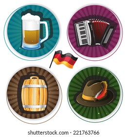 Glass of beer, accordion, hat and barrel on round striped backgrounds. Labels with Oktoberfest Symbols