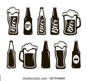 Glass of beer, ale, lager. Mug, bottle set of icons. Oktoberfest, restaurant, pub, bar symbol. Vector illustration