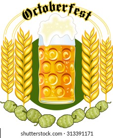 Glass of beer, with barley and hop   