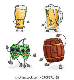 Glass beer, barrel, hop branch with glasses. Vector flat cartoon color icon with emotions. For poster, invitation to party. Isolated on white background. Hand drawn sketch linear comic style