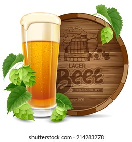 Glass of beer, barrel and hops isolated on white background